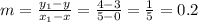 m=\frac{y_1-y}{x_1-x} =\frac{4-3}{5-0} =\frac{1}{5}=0.2