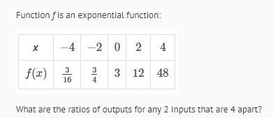 Function f is an exponential function: what are the ratios of outputs for any 2 inputs that are 4 a
