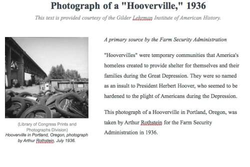 What does the photograph reveal about hoovervilles that the text does not? a. the types of things o