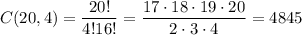C(20,4)=\dfrac{20!}{4!16!}=\dfrac{17\cdot18\cdot19\cdot20}{2\cdot3\cdot4}=4845