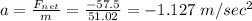 a=\frac{F_{net}}{m}=\frac{-57.5}{51.02}=-1.127\ m/sec^2