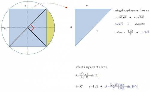 Find the area of one segment formed by a square with sides of 6 inches inscribed in a circle (hint: