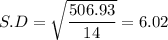 S.D = \sqrt{\displaystyle\frac{506.93}{14}} = 6.02