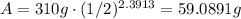 A=310{g}\cdot (1/2)^{2.3913}=59.0891g
