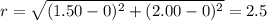 r=\sqrt{(1.50-0)^2+(2.00-0)^2}=2.5