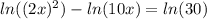 ln((2x)^2)-ln(10x)=ln(30)