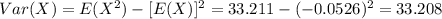 Var(X)=E(X^2)-[E(X)]^2 =33.211-(-0.0526)^2 =33.208