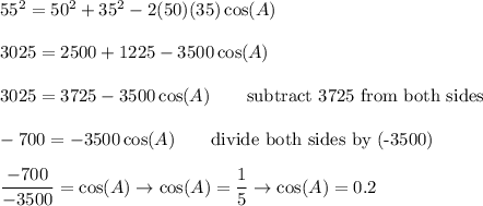 55^2=50^2+35^2-2(50)(35)\cos(A)\\\\3025=2500+1225-3500\cos(A)\\\\3025=3725-3500\cos(A)\qquad\text{subtract 3725 from both sides}\\\\-700=-3500\cos(A)\qquad\text{divide both sides by (-3500)}\\\\\dfrac{-700}{-3500}=\cos(A)\to\cos(A)=\dfrac{1}{5}\to\cos(A)=0.2