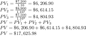 PV_1 = \frac{\$7,200}{1.16}=\$6,206.90\\PV_2 = \frac{\$8,900}{1.16^2}=\$6,614.15\\PV_3 = \frac{\$7,500}{1.16^3}=\$4,804.93\\PV = PV_1+PV_2+PV_3\\PV =\$6,206.90+\$6,614.15+\$4,804.93\\PV=\$17,625.98