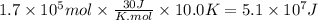 1.7 \times 10^{5}mol \times \frac{30J}{K.mol} \times 10.0 K = 5.1 \times 10^{7}J