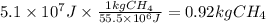 5.1 \times 10^{7}J \times \frac{1kgCH_{4}}{55.5 \times 10^{6} J } =0.92kgCH_{4}