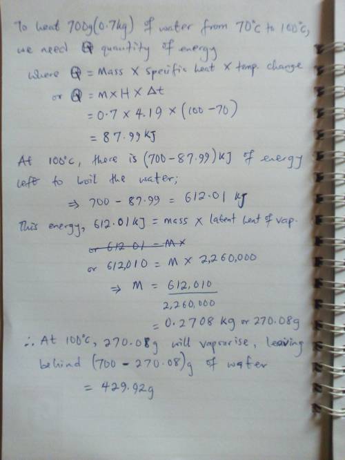 If you add 700 kj of heat to 700 g of water at 70 degrees c, how much water is left in the container