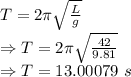 T=2\pi\sqrt{\frac{L}{g}}\\\Rightarrow T=2\pi\sqrt{\frac{42}{9.81}}\\\Rightarrow T=13.00079\ s