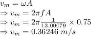 v_m=\omega A\\\Rightarrow v_m=2\pi fA\\\Rightarrow v_m=2\pi \frac{1}{13.00079}\times 0.75\\\Rightarrow v_m=0.36246\ m/s