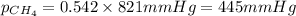 p_{CH_4}=0.542\times 821mmHg=445mmHg