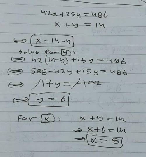 Use elimination to solve!   !  42x+25y=486, x+y=14​