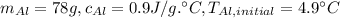m_{Al}=78 g, c_{Al}=0.9 J/g.\°C,T_{Al, initial}= 4.9\°C