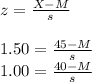 z=\frac{X-M}{s}\\\\1.50=\frac{45-M}{s} \\1.00=\frac{40-M}{s}