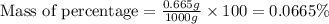 \text{Mass of percentage}=\frac{0.665g}{1000g}\times 100=0.0665\%