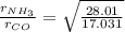 \frac {r_{NH_3}}{r_{CO}}=\sqrt{\frac{28.01}{17.031}}