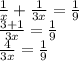 \frac{1}{x}+\frac{1}{3x} =\frac{1}{9}\\\frac{3+1}{3x} =\frac{1}{9} \\\frac{4}{3x}=\frac{1}{9}