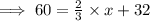 \implies  60 = \frac{2}{3 }  \times x  + 32