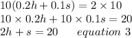 10(0.2h+0.1s)=2\times 10\\10\times0.2h+10\times0.1s=20\\2h+s =20 \ \ \ \ \ equation \ 3