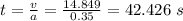 t = \frac{v}{a} = \frac{14.849}{0.35} = 42.426\ s