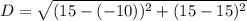 D=\sqrt{(15-(-10))^2+(15-15)^2}