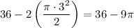 36-2\left(\dfrac{\pi\cdot 3^2}{2}\right) = 36-9\pi