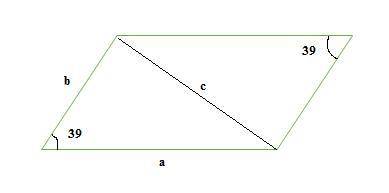 Aparallelogram has sides of 18 and 26 ft, and an angle of 39° . find the shorter diagonal