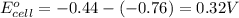 E^o_{cell}=-0.44-(-0.76)=0.32V