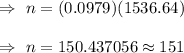 \Rightarrow\ n=(0.0979)(1536.64)\\\\\Rightarrow\ n=150.437056\approx151