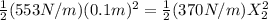 \frac{1}{2}(553N/m)(0.1m)^2 = \frac{1}{2}(370N/m)X_2^2