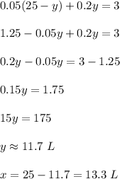 0.05(25-y)+0.2y=3\\ \\1.25-0.05y+0.2y=3\\ \\0.2y-0.05y=3-1.25\\ \\0.15y=1.75\\ \\15y=175\\ \\y\approx 11.7\ L\\ \\x=25-11.7=13.3\ L