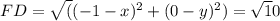 FD=\sqrt((-1-x)^{2}+(0-y)^{2})=\sqrt10\\