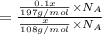 =\frac{\frac{0.1x}{197 g/mol}\times N_A}{\frac{x}{108 g/mol}\times N_A}