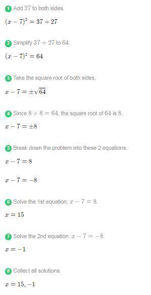 How many solutions does the equation (x-7)^2-27=37 have?