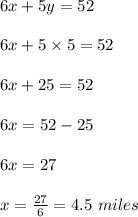 6x+5y=52\\\\6x+5\times5=52\\\\6x+25=52\\\\6x=52-25\\\\6x=27\\\\x=\frac{27}{6}=4.5\ miles