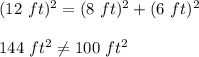 (12\ ft)^2=(8\ ft)^2+(6\ ft)^2\\\\144\ ft^2\neq 100\ ft^2