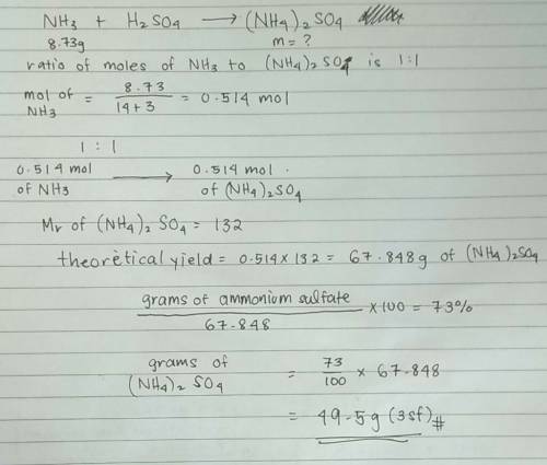Ammonia (nh3) reacts with sulfuric acid to form ammonium sulfate. how many grams of ammonium sulfate
