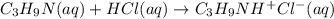 C_{3}H_{9}N (aq) + HCl (aq)\rightarrow C_{3}H_{9}NH^{+}Cl^{-} (aq)