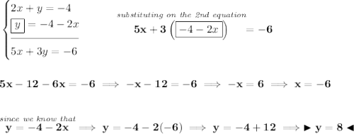 \bf \begin{cases} 2x+y=-4\\ \boxed{y} = -4-2x\\[-0.5em] \hrulefill\\ 5x+3y=-6 \end{cases}\qquad \stackrel{\textit{substituting on the 2nd equation}}{5x+3\left(\boxed{-4-2x} \right)}=-6 \\\\\\ 5x-12-6x=-6\implies -x-12 = -6\implies -x=6\implies x = -6 \\\\\\ \stackrel{\textit{since we know that}}{y = -4-2x}\implies y = -4-2(-6)\implies y = -4+12\implies \blacktriangleright y = 8 \blacktriangleleft