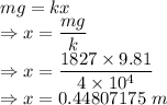 mg=kx\\\Rightarrow x=\dfrac{mg}{k}\\\Rightarrow x=\dfrac{1827\times 9.81}{4\times 10^{4}}\\\Rightarrow x=0.44807175\ m