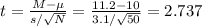 t=\frac{M-\mu}{s/\sqrt{N} } =\frac{11.2-10}{3.1/\sqrt{50} }=2.737