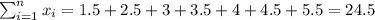 \sum_{i=1}^n x_i = 1.5+2.5+3+3.5+4+4.5+5.5=24.5