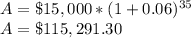 A = \$15,000*(1+0.06)^{35}\\A = \$115,291.30