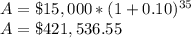 A = \$15,000*(1+0.10)^{35}\\A = \$421,536.55