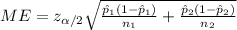 ME=z_{\alpha/2} \sqrt{\frac{\hat p_1(1-\hat p_1)}{n_1} +\frac{\hat p_2 (1-\hat p_2)}{n_2}}