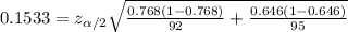 0.1533=z_{\alpha/2} \sqrt{\frac{0.768(1-0.768)}{92} +\frac{0.646 (1-0.646)}{95}}
